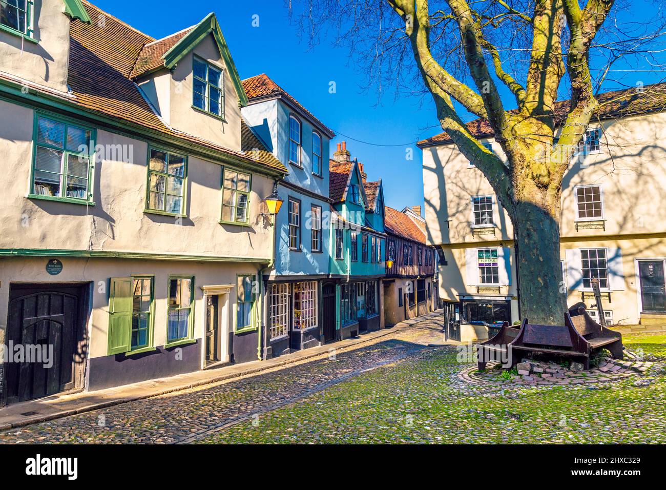 Tudor case lungo la storica strada acciottolata Elm Hill, Norwich, Norfolk, Regno Unito Foto Stock