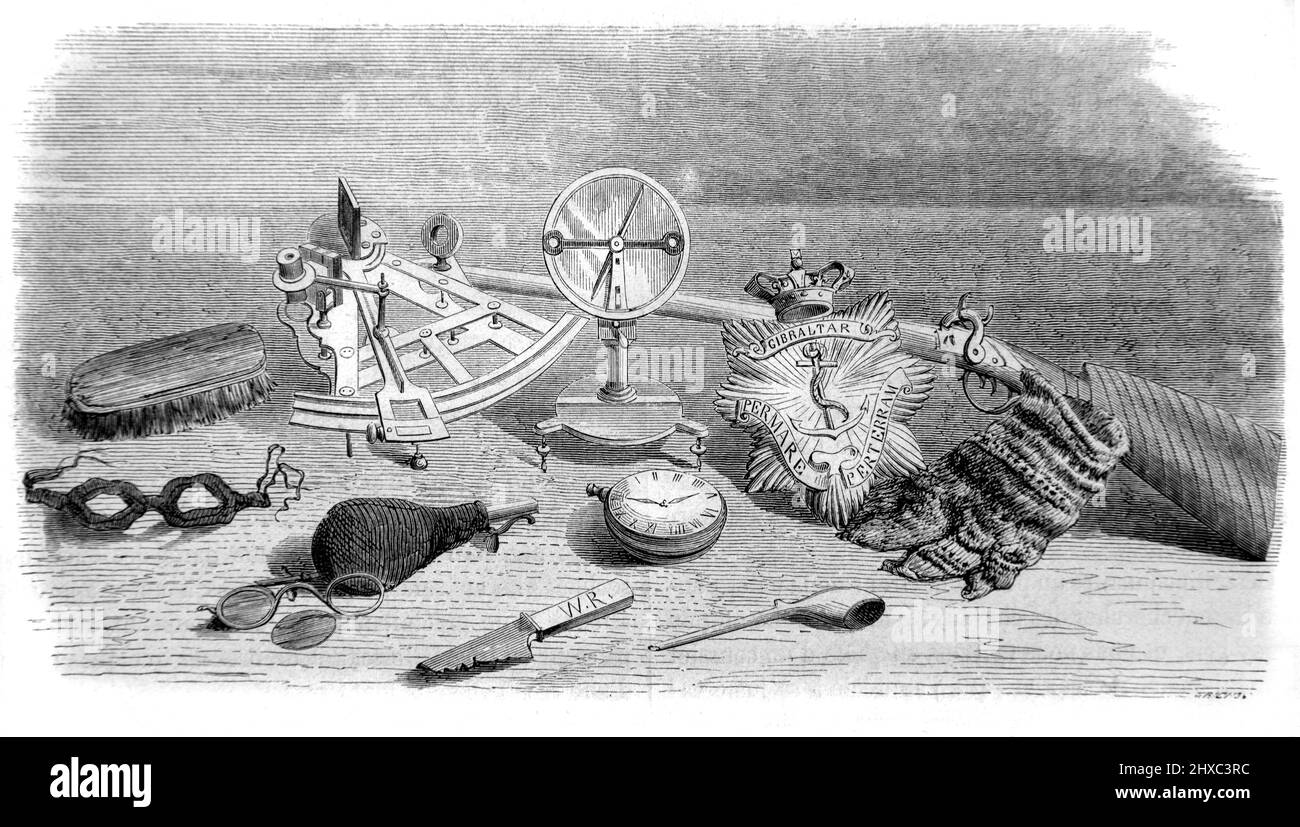 Reliquie o oggetti recuperati dalla malata spedizione Franklin (1845-1848) o dalla spedizione perduta di Franklin all'Artico Canadese. Dall'esploratore irlandese Francis Leopold McClintock nel 1857. Illustrazione o incisione vintage 1860. Foto Stock