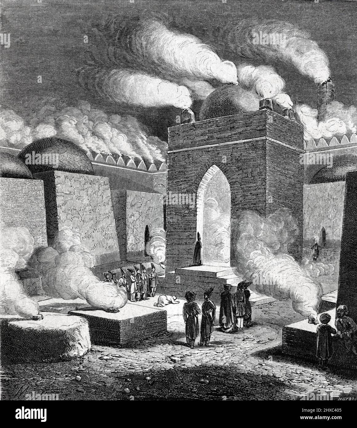 Cerimonia Zorastriana nel Tempio del fuoco o Ateshgah di Baku, ora un museo, Surakhany Baku Azerbaijan. Illustrazione o incisione vintage 1860. Foto Stock