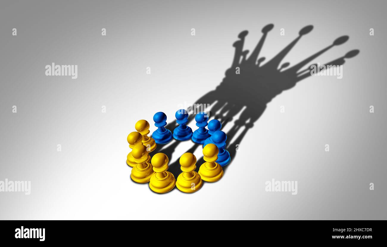 Ucraini che si uniscono come simbolo di potere di unità Ucraina con un gruppo di scacchi ucraini uniti come uno con la bandiera gialla e blu. Foto Stock