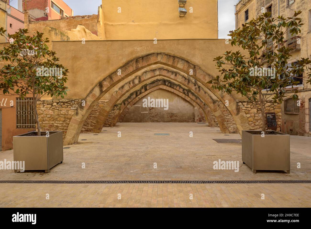 Archi dell'inverno di Paborde in Valls (Tarragona, Catalogna, Spagna) ESP: Arcos de la bodega del Paborde de de Valls (Tarragona, Cataluña, España) Foto Stock