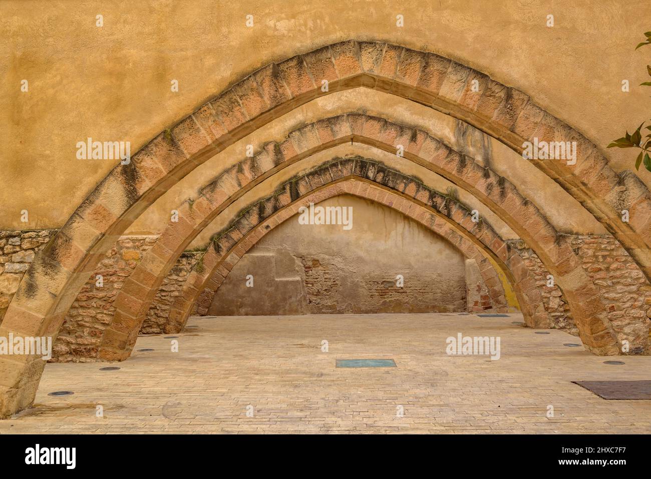 Archi dell'inverno di Paborde in Valls (Tarragona, Catalogna, Spagna) ESP: Arcos de la bodega del Paborde de de Valls (Tarragona, Cataluña, España) Foto Stock