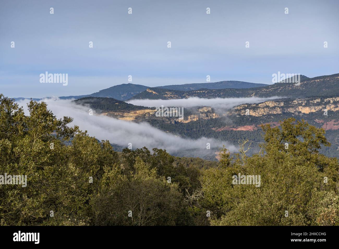 Viste dall'eremo di Puigcerver in una giornata invernale con nubi basse (campo Baix, Tarragona, Catalogna, Spagna) ESP: Vistas desde la Ermita de Puigcerver Foto Stock