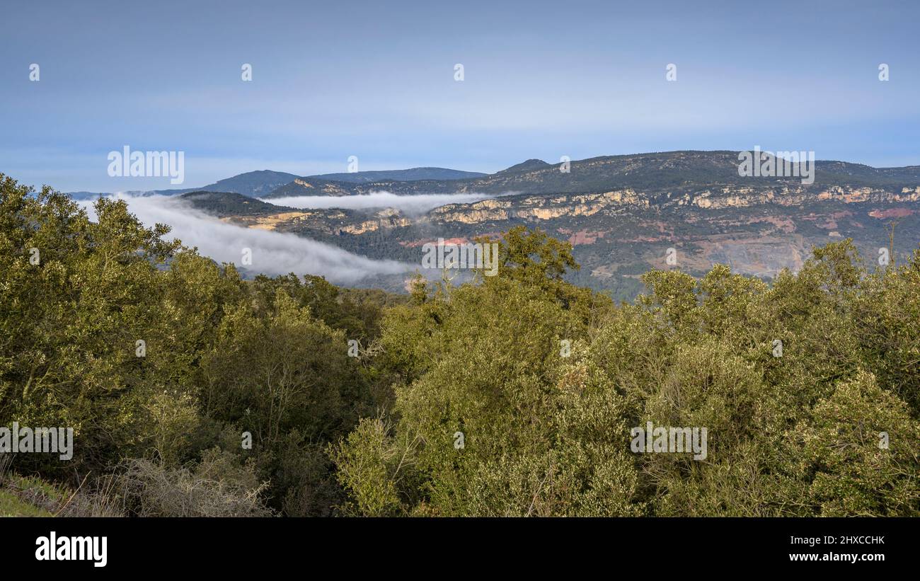 Viste dall'eremo di Puigcerver in una giornata invernale con nubi basse (campo Baix, Tarragona, Catalogna, Spagna) ESP: Vistas desde la Ermita de Puigcerver Foto Stock