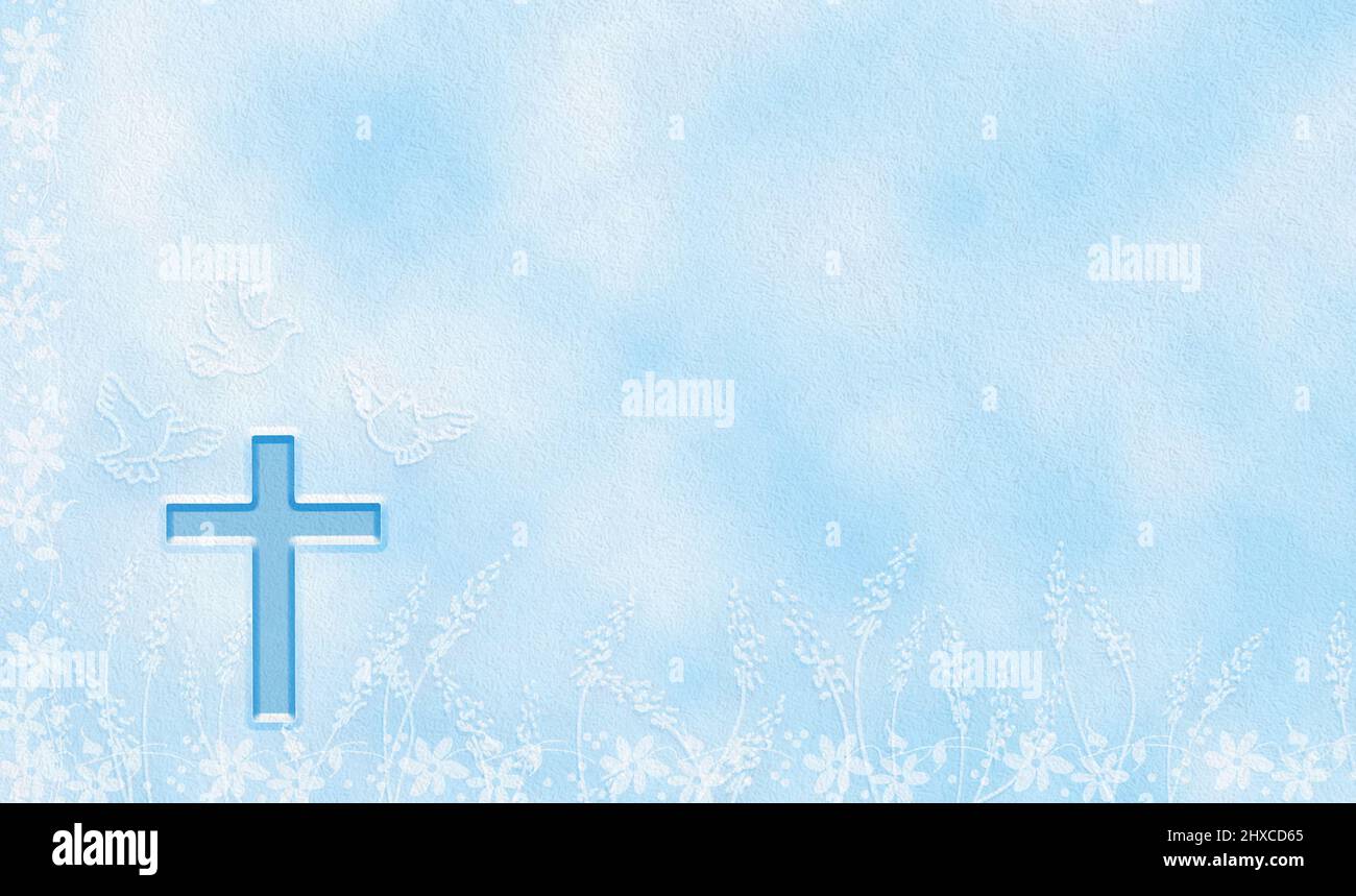 Sfondo religioso blu testurizzato con piccioni che volano intorno e spike e fiori. Composizione orizzontale. Foto Stock