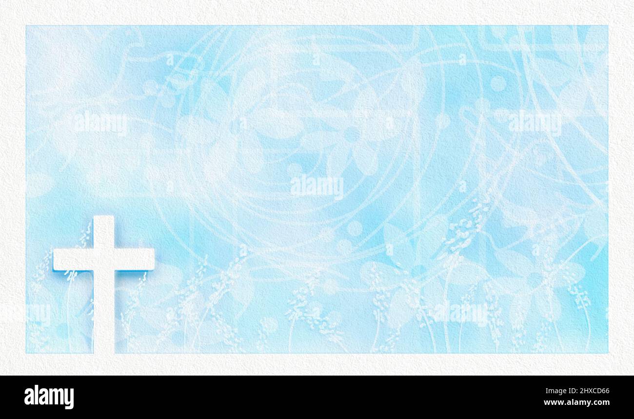 Sfondo religioso blu testurizzato con bordo bianco e vari motivi con croce. Composizione orizzontale. Foto Stock