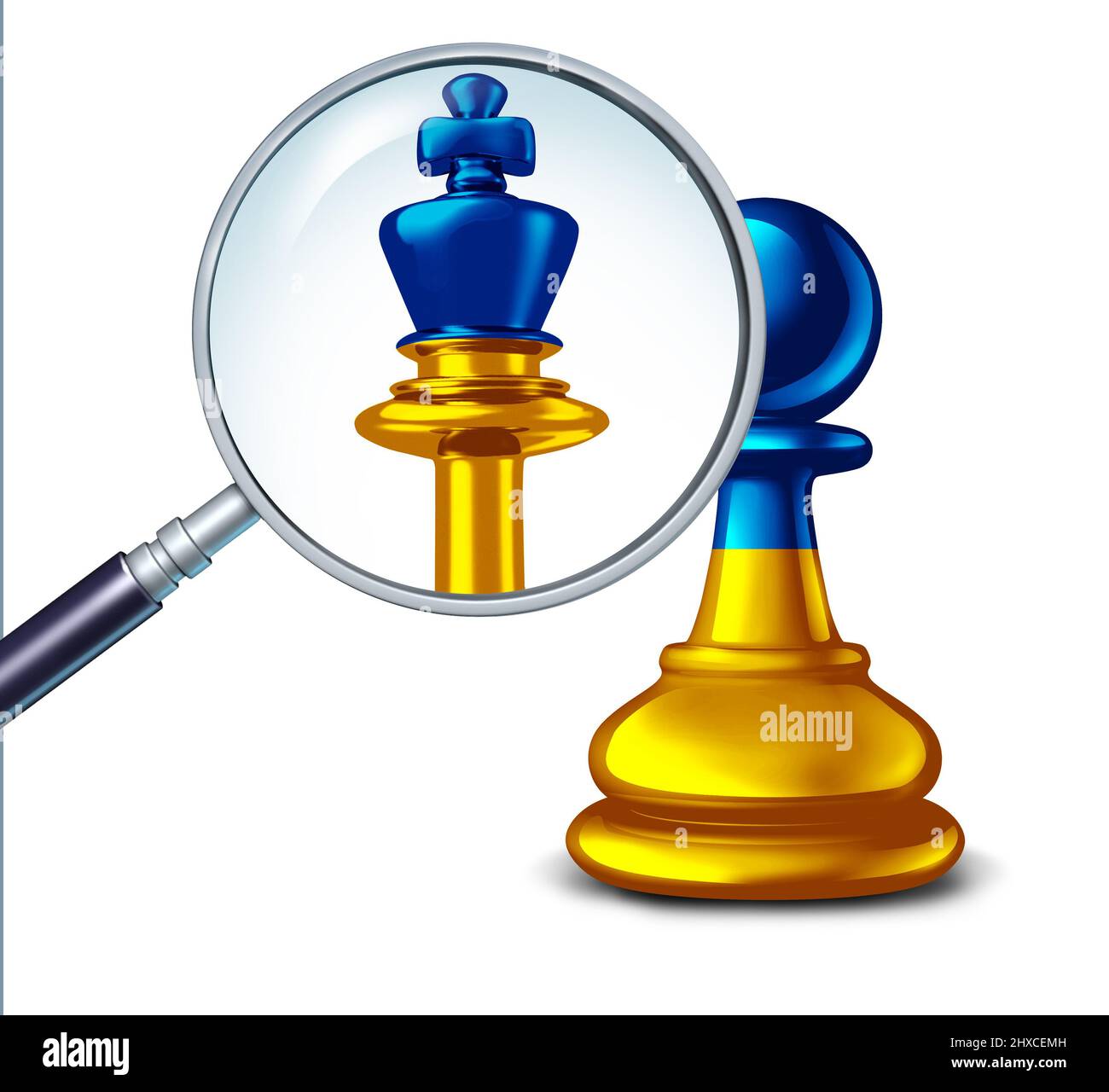 Concetto di forza Ucraina e il potere degli ucraini come simbolo di leadership Ucraina con un pezzo di scacchi ucraino con un re e una pedina. Foto Stock