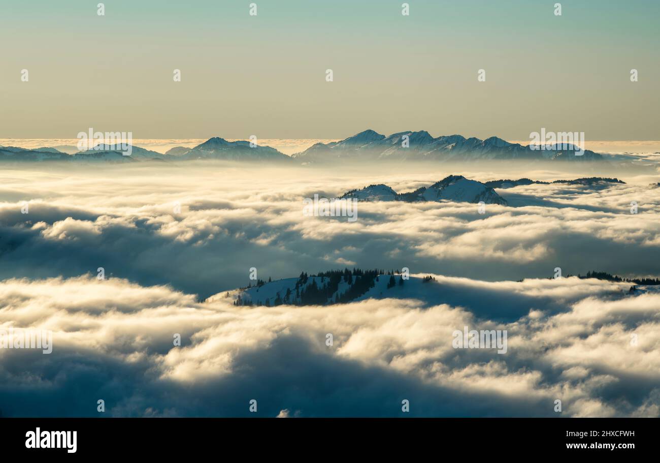 Paesaggio alpino di montagna in un pomeriggio suggestivo in inverno. Le Alpi di Allgäu con il Nagelfluhkette sorgono dalla coperta di nebbia alta. Baviera, Germania, Europa Foto Stock