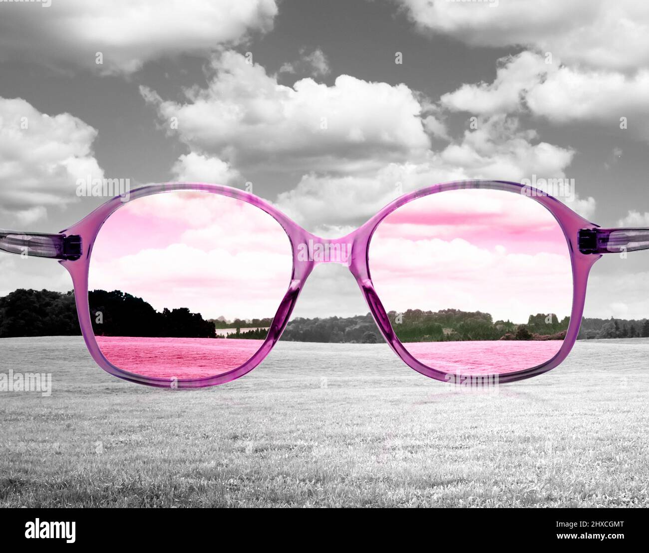 Vedere il mondo attraverso gli occhiali rosa Foto Stock