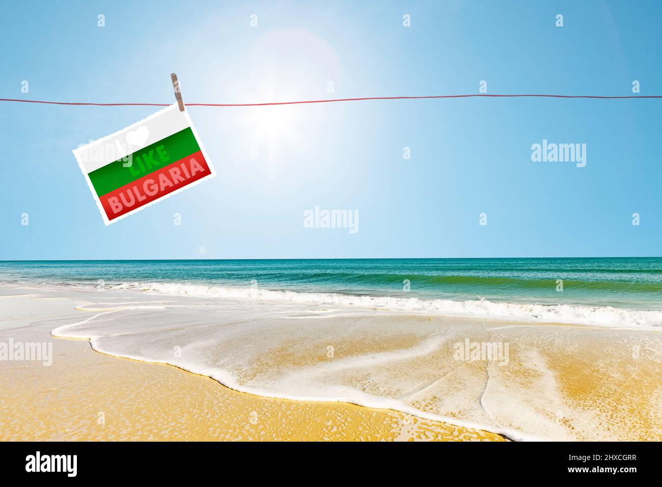 spiaggia dorata sulla costa bulgara del Mar Nero, clothesline, cartolina, mi piace la Bulgaria Foto Stock