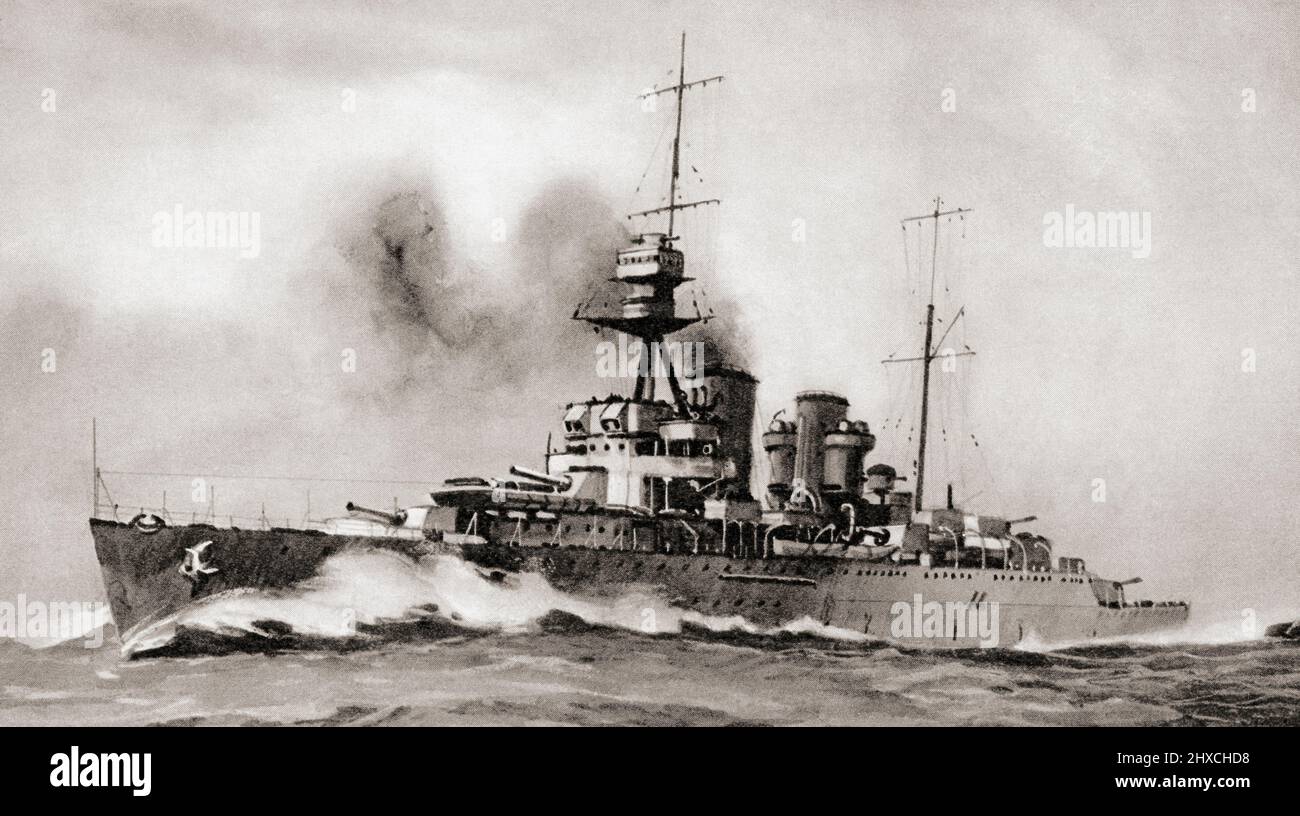 HMS Hawkins, la nave principale della sua classe di cinque incrociatori pesanti. Dalle navi da guerra britanniche, pubblicato nel 1940 Foto Stock