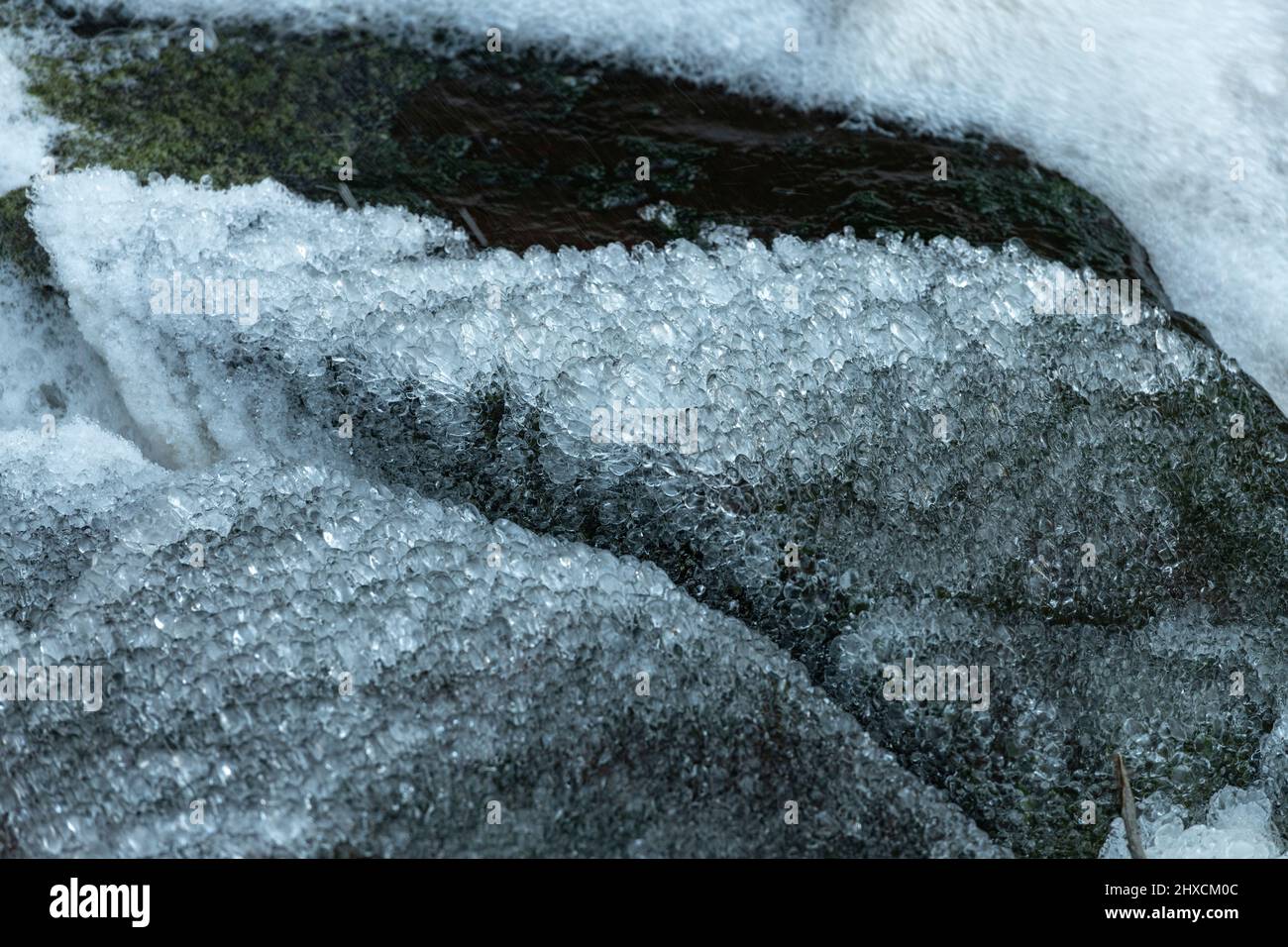 Cristalli di ghiaccio su una pietra, Torup, Halland, Svezia Foto Stock
