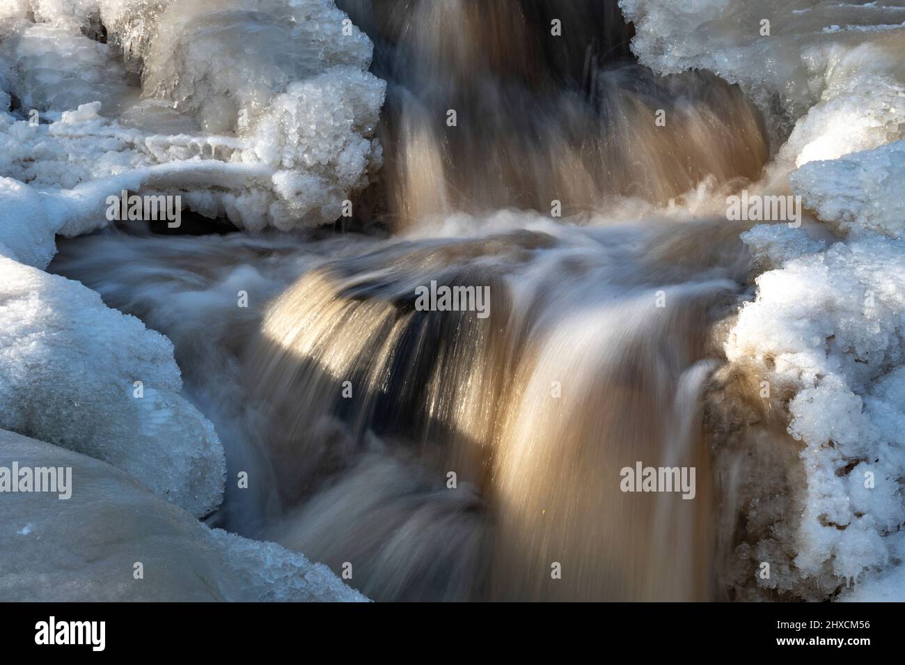 Un flusso veloce circondato da ghiaccio e neve in inverno, Torup, Halland, Svezia Foto Stock