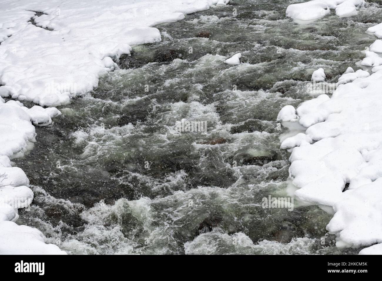 Fiume che scorre in inverno circondato da neve, Borgafjäll, Lapponia, Svezia Foto Stock