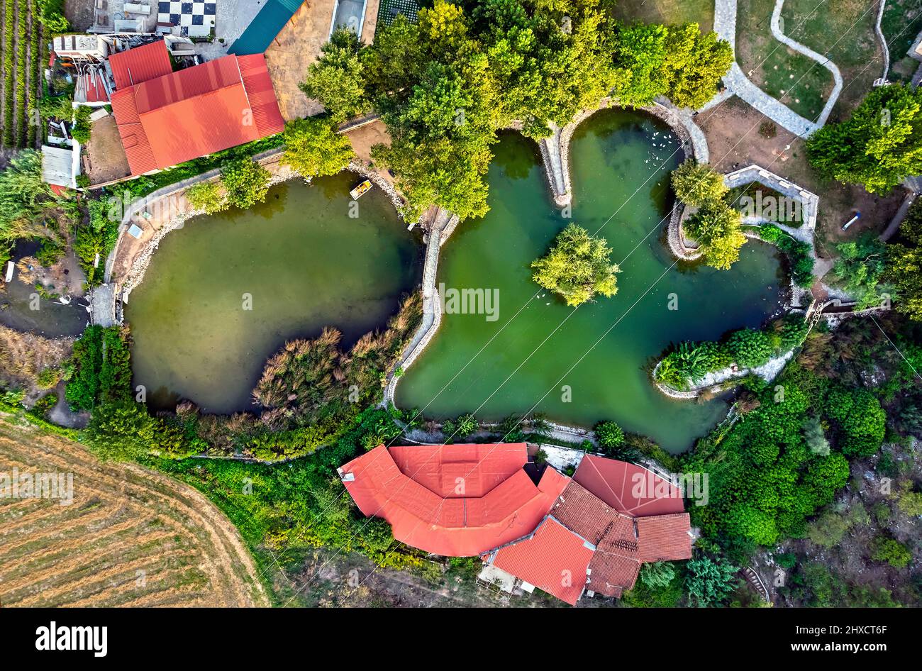 Vryssi Tyrnavou, un piccolo lago pittoresco e una bella area ricreativa vicino alla città di Tyrnavos, Larissa, Tessaglia, Grecia. Foto Stock