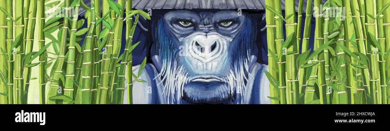 Un guerriero della scimmia sta guardando attraverso bambù. Foto Stock