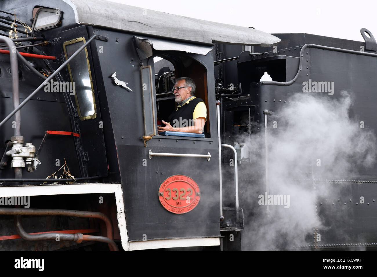 Locomotiva a vapore stazionaria, cabina e conducente, Elgin, Sudafrica. Foto Stock