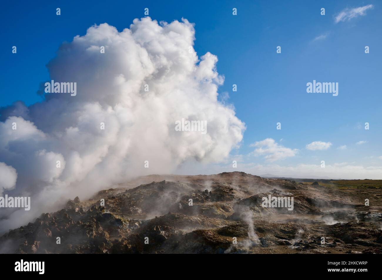 Sorgente calda, vapore, geotermica, estate, Gunnuhver, Penisola di Reykjanes, SuÃ°urnes, Sud Ovest, Islanda Foto Stock