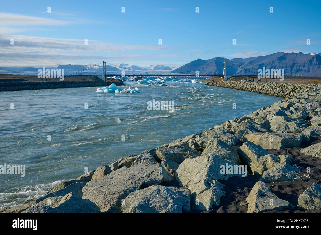 Straße, Ponte, Ponte sospeso, Laguna del Ghiacciaio, Estate, Jokulsarlon, Austurland, Islanda Foto Stock