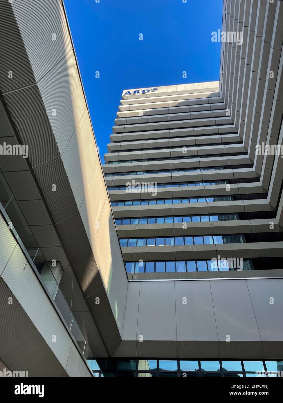 ARD, edificio amministrativo ARD e Bayerischer Rundfunk, Monaco, emittente pubblica Foto Stock