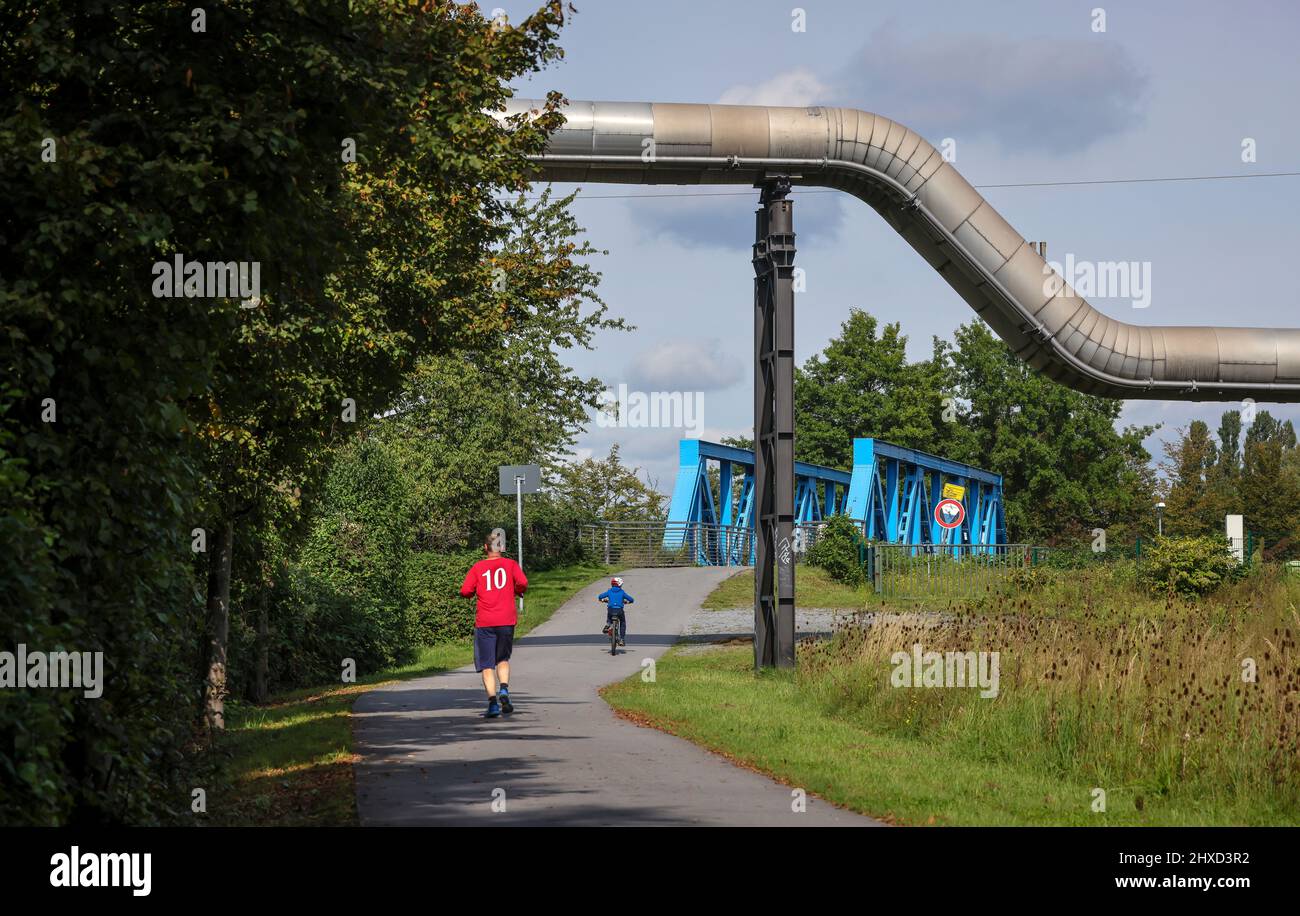 Essen, Renania settentrionale-Vestfalia, Germania - gasdotti di teleriscaldamento lungo il fiume Emscher. Il teleriscaldamento è il termine usato per descrivere il calore che viene generato in una centrale combinata di calore e di energia elettrica o in un impianto di cogenerazione e quindi condotto a singole famiglie per mezzo di sistemi di tubi di acqua calda o di vapore. Foto Stock