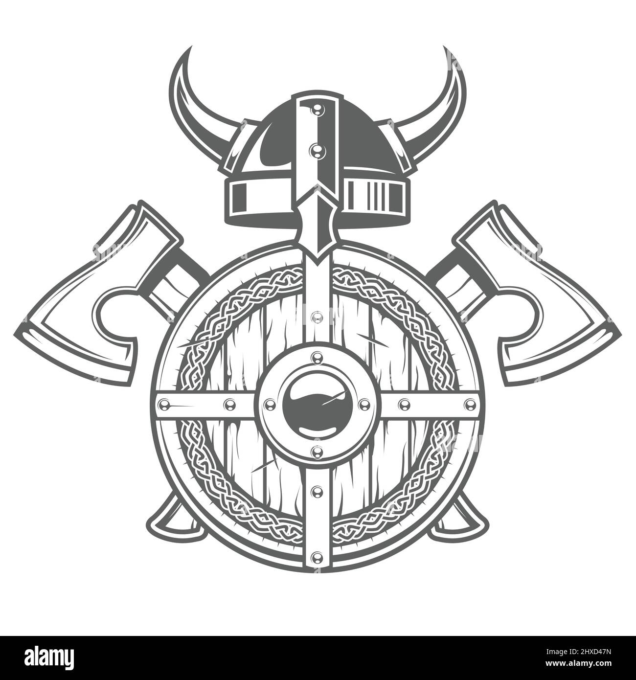 Scudo vichingo rotondo e casco cornato, stemma celtico a due assi incrociati, emblema barbaro, vettore Illustrazione Vettoriale