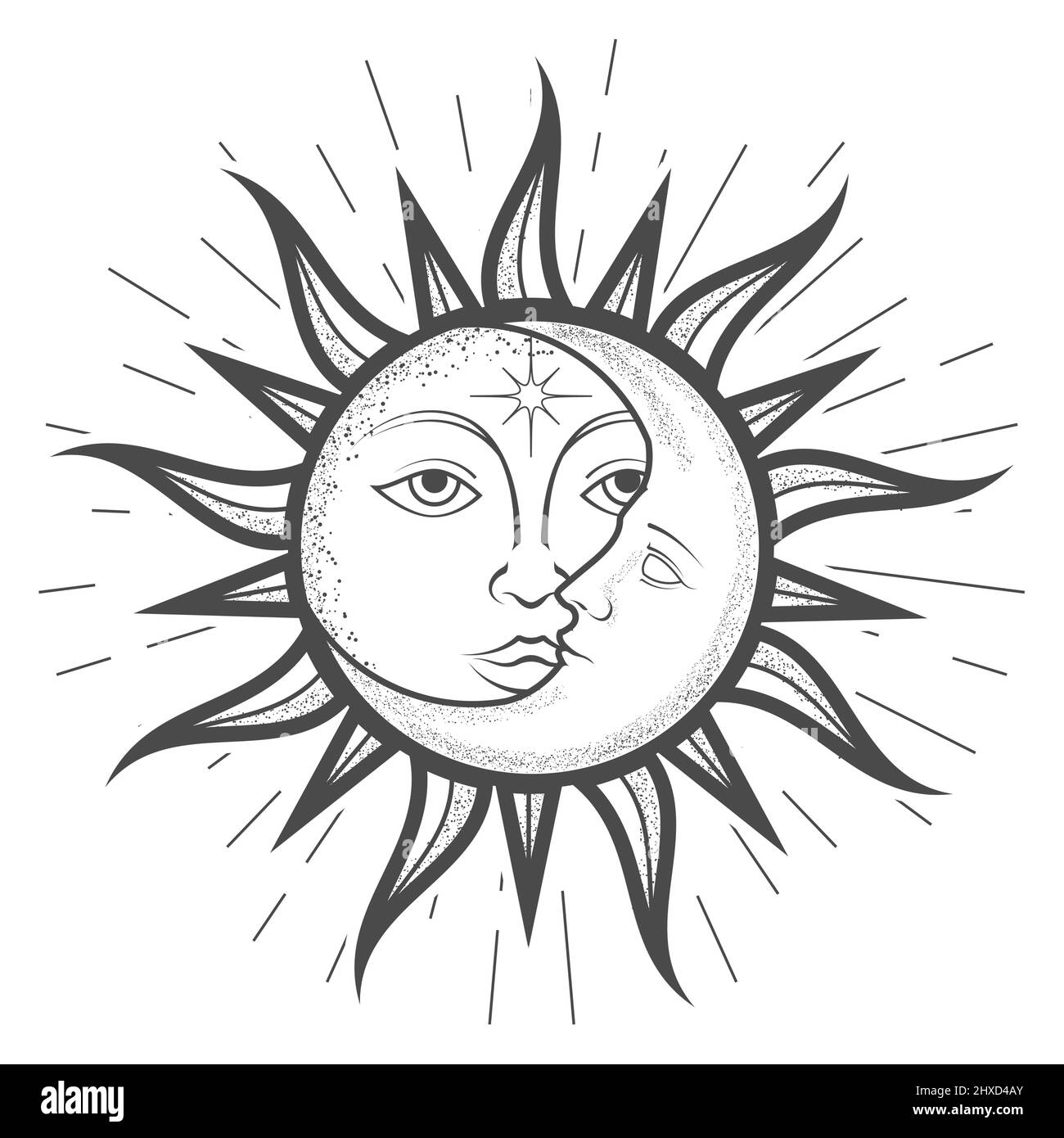 Luna a mezzaluna dentro il sole con un volto, astrologia magica e alchimia celeste, segno zodiacale, tarocchi, dispositivo dell'universo, simbolo esoterico, vettore Illustrazione Vettoriale