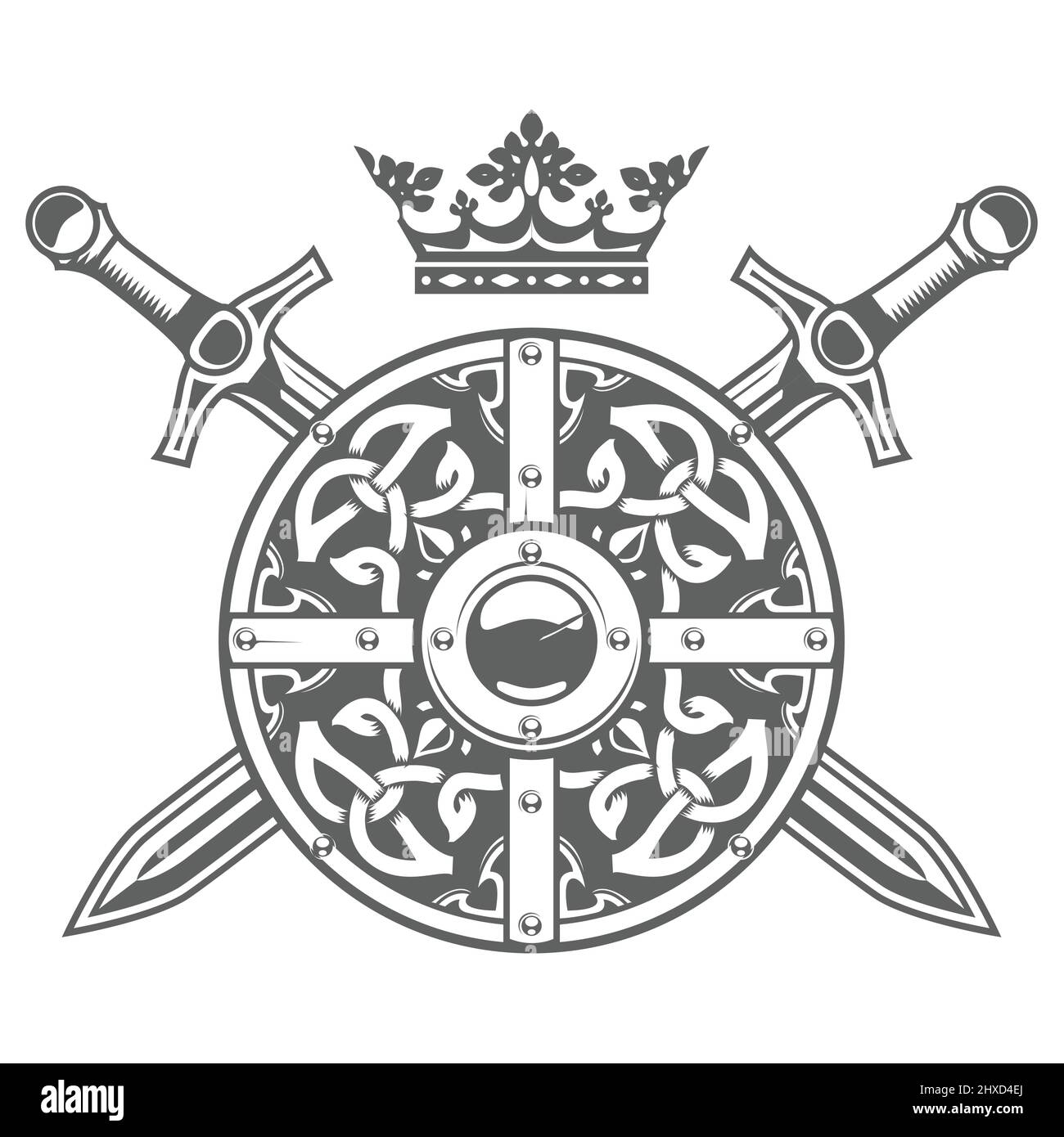 Scudo rotondo con fantasia, corona e spade incrociate, blazon medievale e stemma cavaliere, vettore Illustrazione Vettoriale
