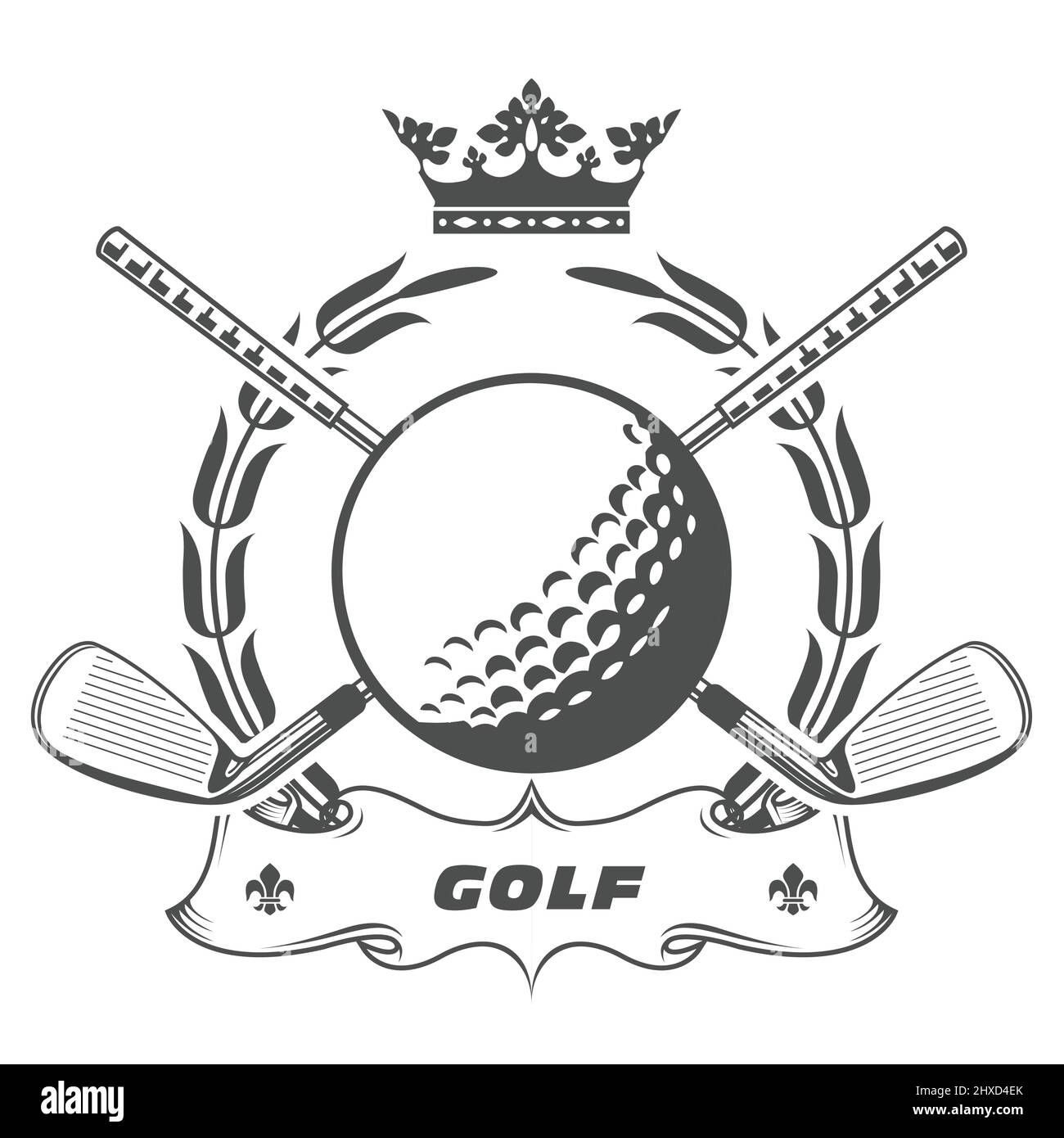 Emblema del club di golf, mazze da golf incrociate e palla, corona di alloro e banner, premio, vettore Illustrazione Vettoriale