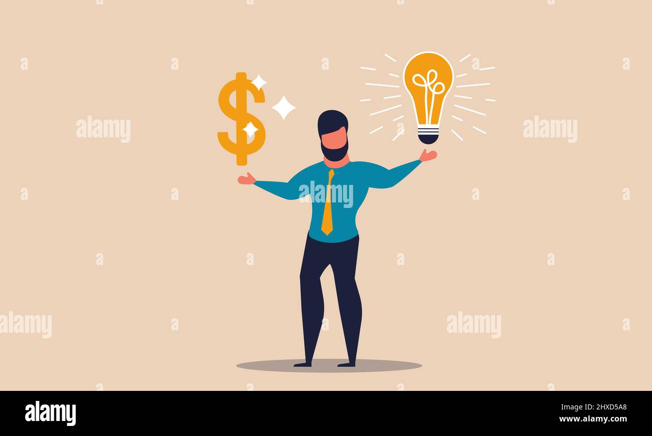 Denaro intelligente e finanza Think Sign. Denaro bonus decisione e fare intelligente dollaro con la gente piano vettore illustrazione concetto. Salvare la finanza imprenditore Illustrazione Vettoriale