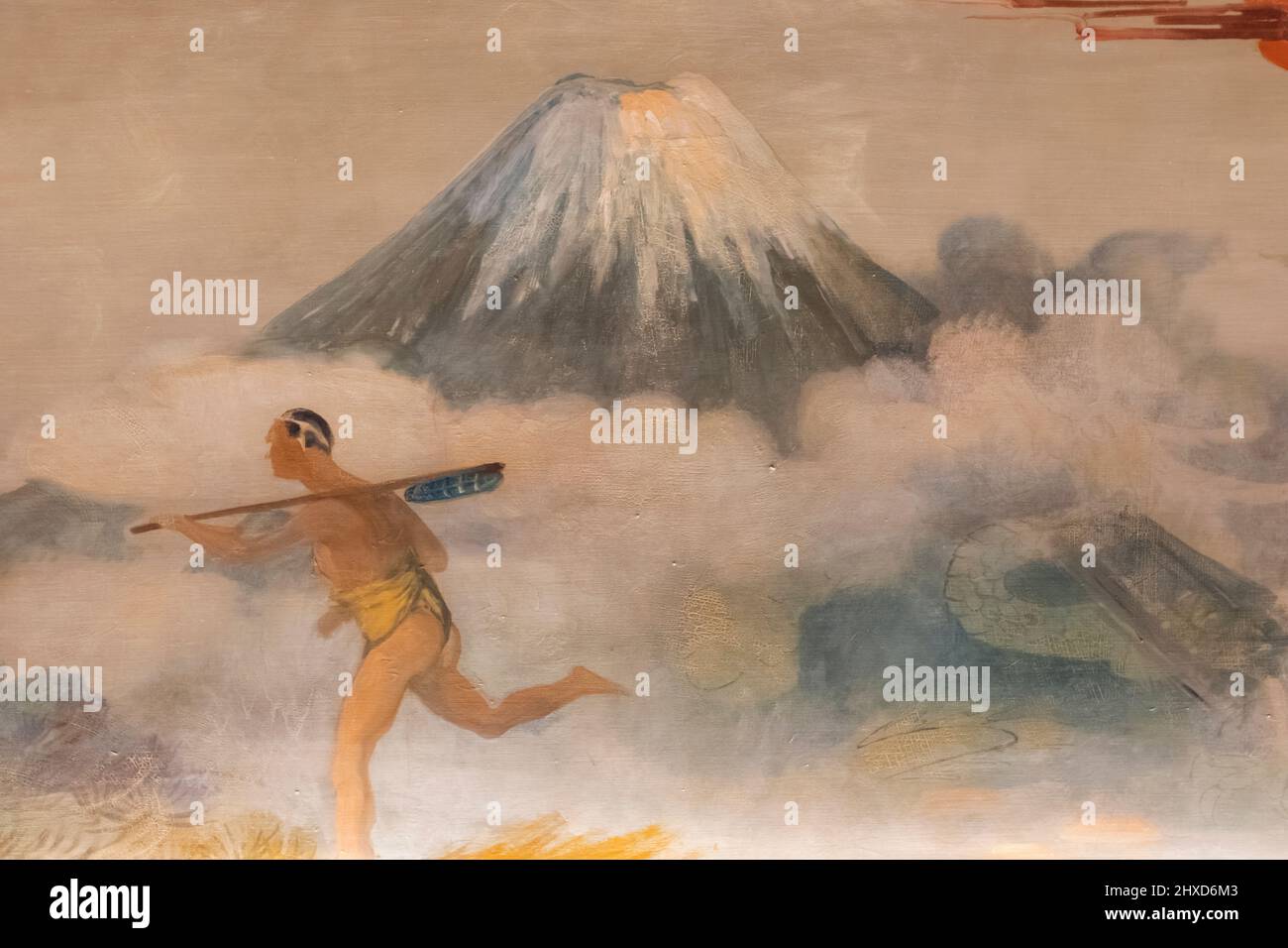 Inghilterra, Dorset, Bournemouth, Russell-Cotes Museum, The Japanese Room, Pittura di parete che raffigura il Monte Fuji Foto Stock