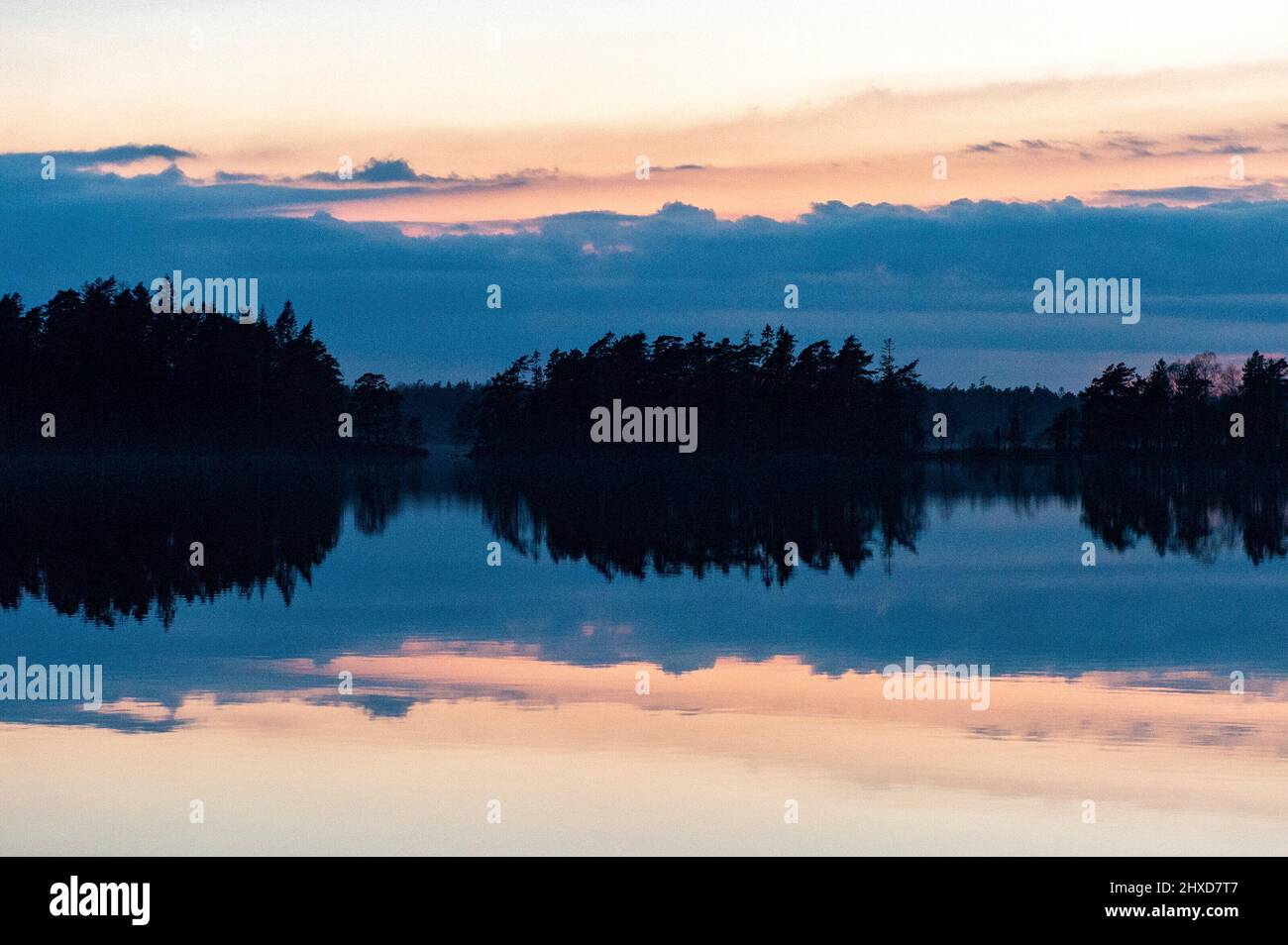 Isola e la foresta riflessione nel lago, lago Bolmen, Småland, Svezia Foto Stock