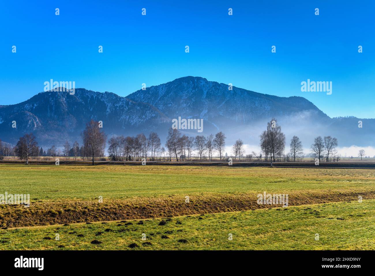 Germania, Baviera, alta Baviera, Tölzer Land, Schlehdorf a Kochelsee, Vista su Loisach-Kochelsee ormeggio verso Jochberg Foto Stock