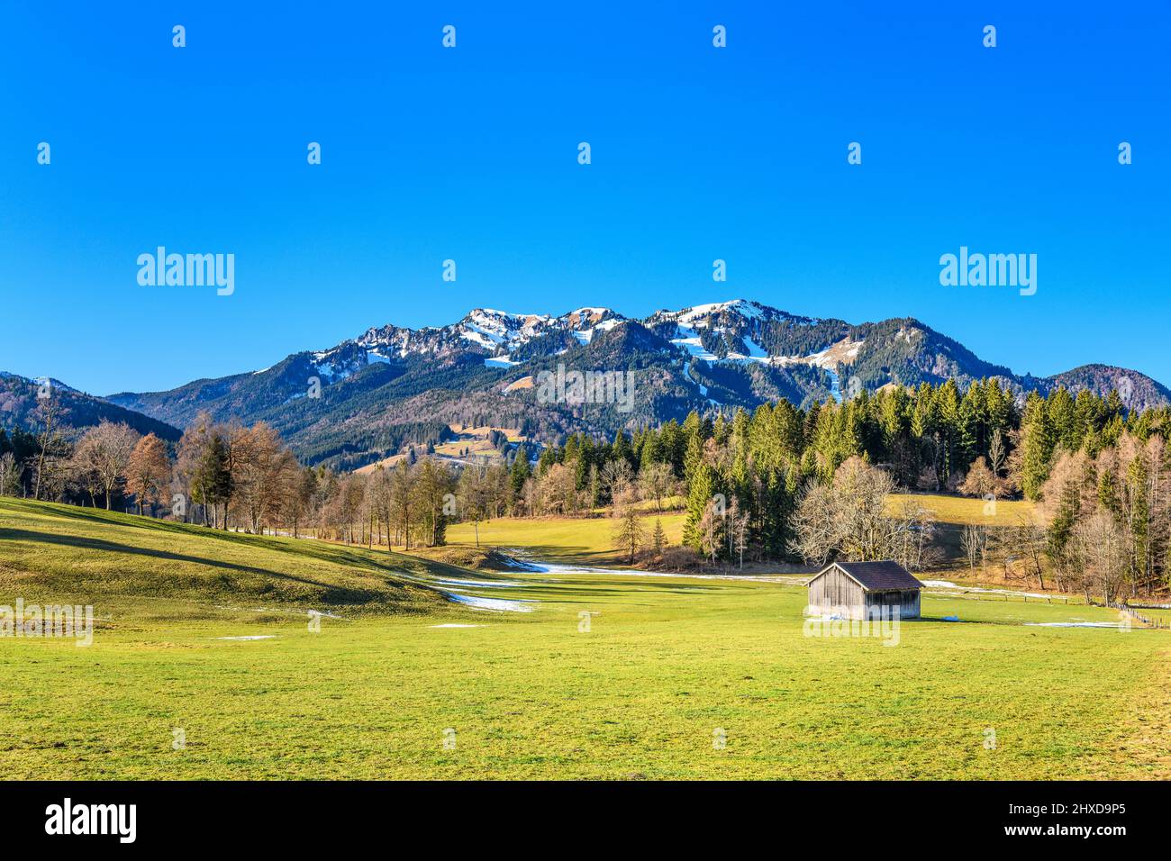 Germania, Baviera, alta Baviera, Tölzer Land, Isarwinkel, Lenggries, valle Isar contro Brauneck, vista sopra Hohenreuth Foto Stock