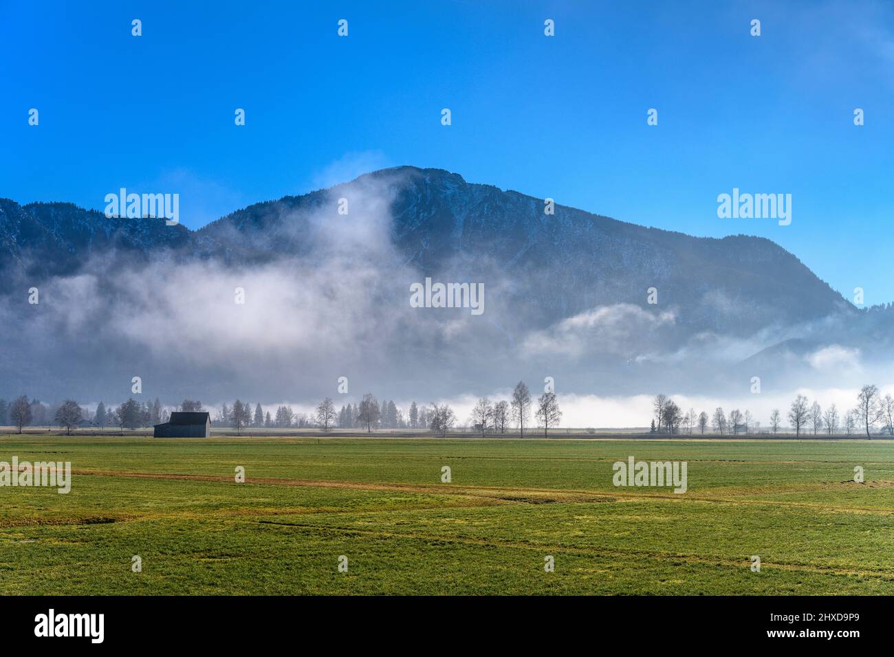 Germania, Baviera, alta Baviera, Tölzer Land, Schlehdorf a Kochelsee, Vista su Loisach-Kochelsee ormeggio verso Jochberg Foto Stock