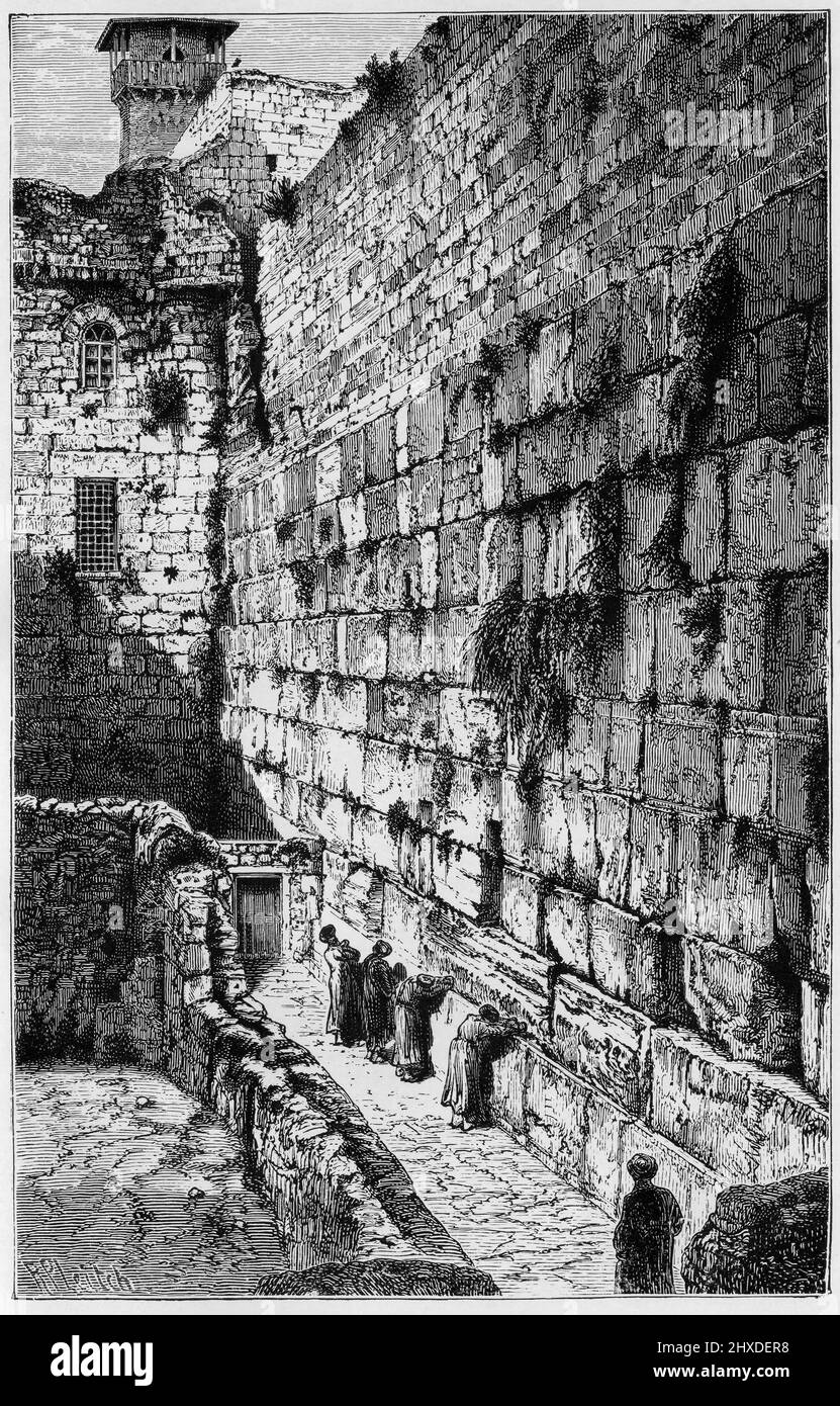 Incisione di ebrei che pregano al muro del pianto a Gerusalemme, circa 1880 Foto Stock