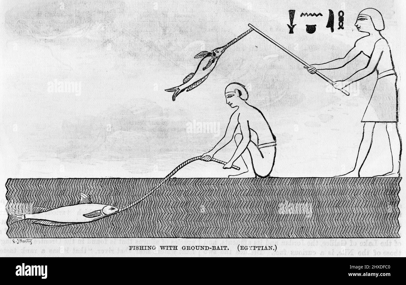 Incisione di uomini che pescano il fiume nilo in Egitto Foto Stock