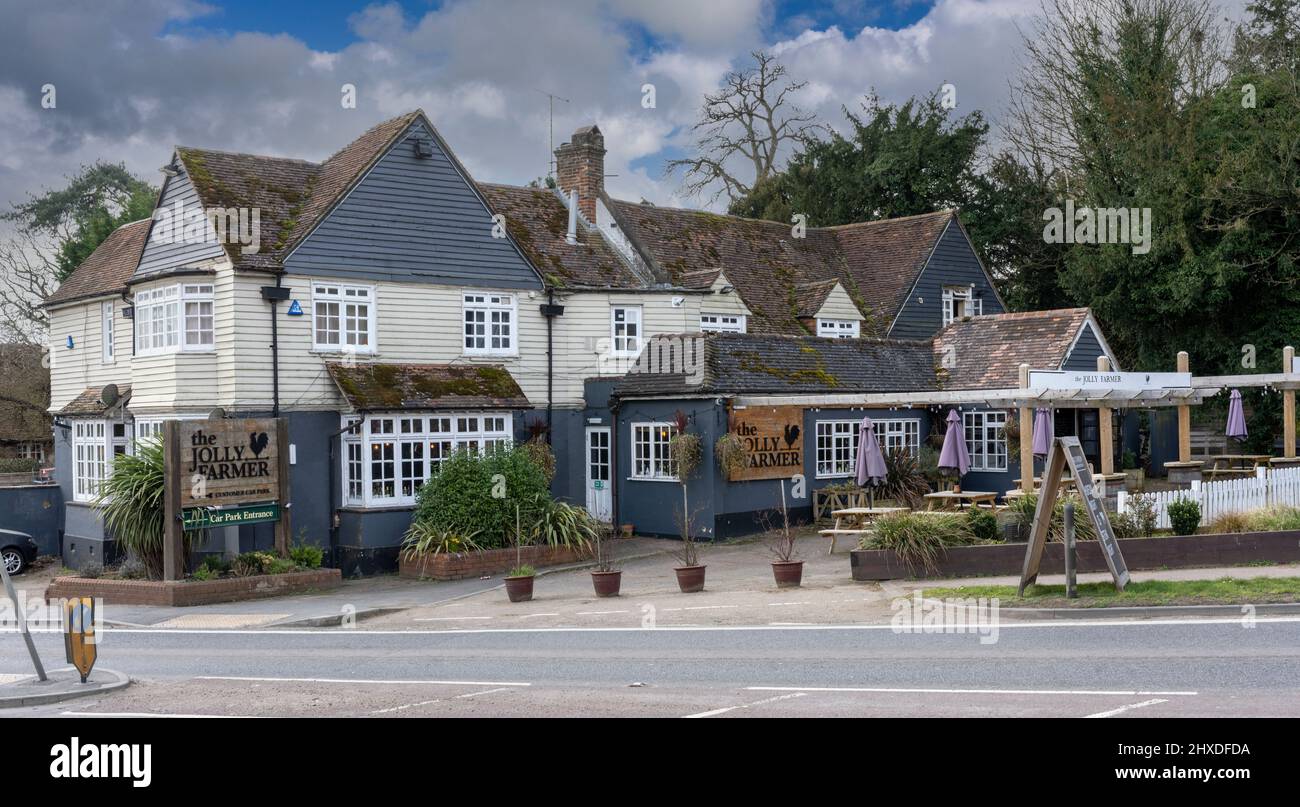 La casa pubblica di Jolly Farmer, Puttenham Heath Road, Puttenham, Guildford, Surrey, Inghilterra, Regno Unito Foto Stock