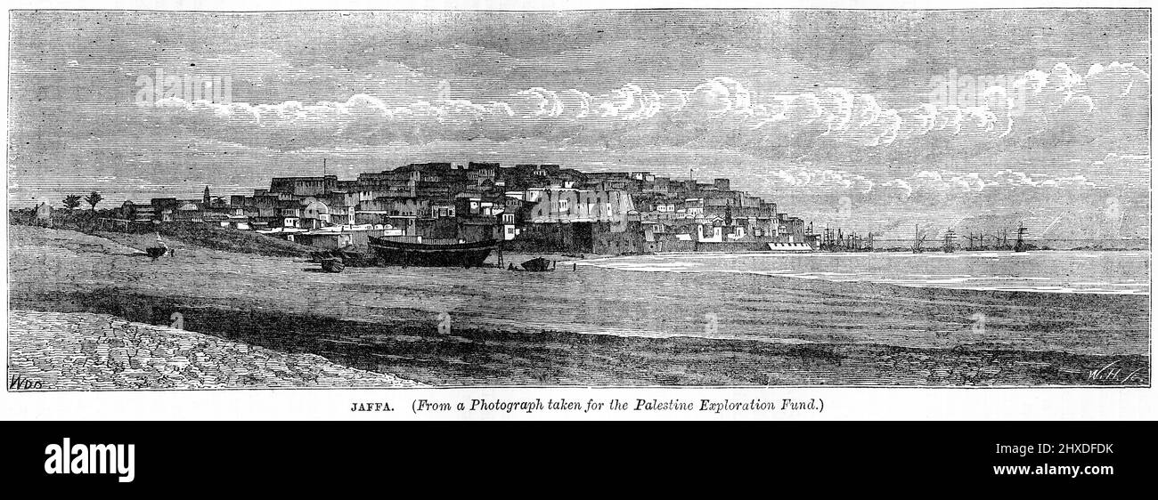 Incisione della città di Jaffa, circa 1880. Chiamato anche Japho o Joppa, la parte più antica e meridionale di Tel Aviv-Yafo, è un'antica città portuale in Israele. Jaffa è famosa per la sua associazione con le storie bibliche di Giona, Salomone e San Pietro, così come la storia mitologica di Andromeda e Perseo, e più tardi per le sue arance. Foto Stock