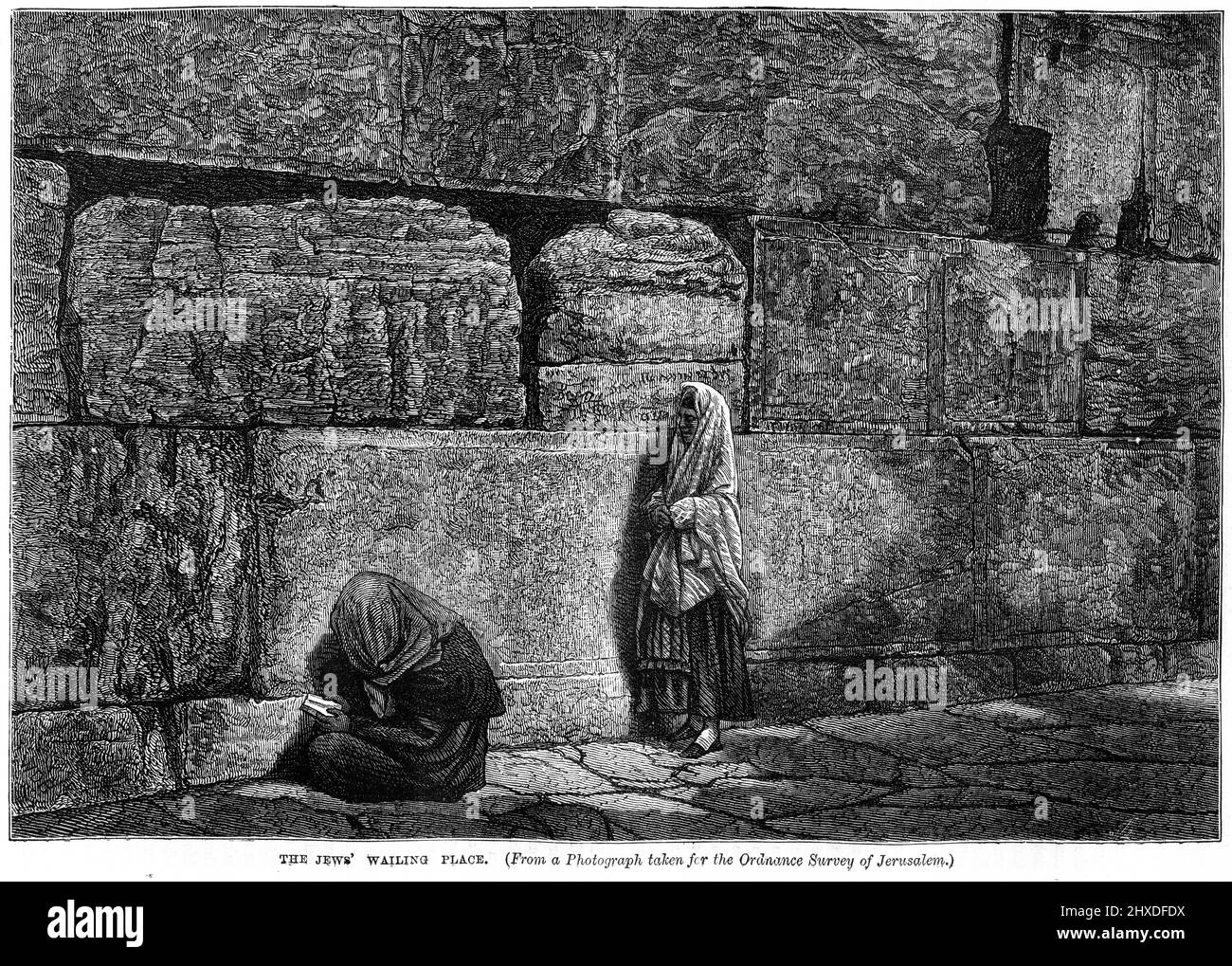 Incisione di ebrei che pregano al muro del pianto a Gerusalemme, circa 1880 Foto Stock