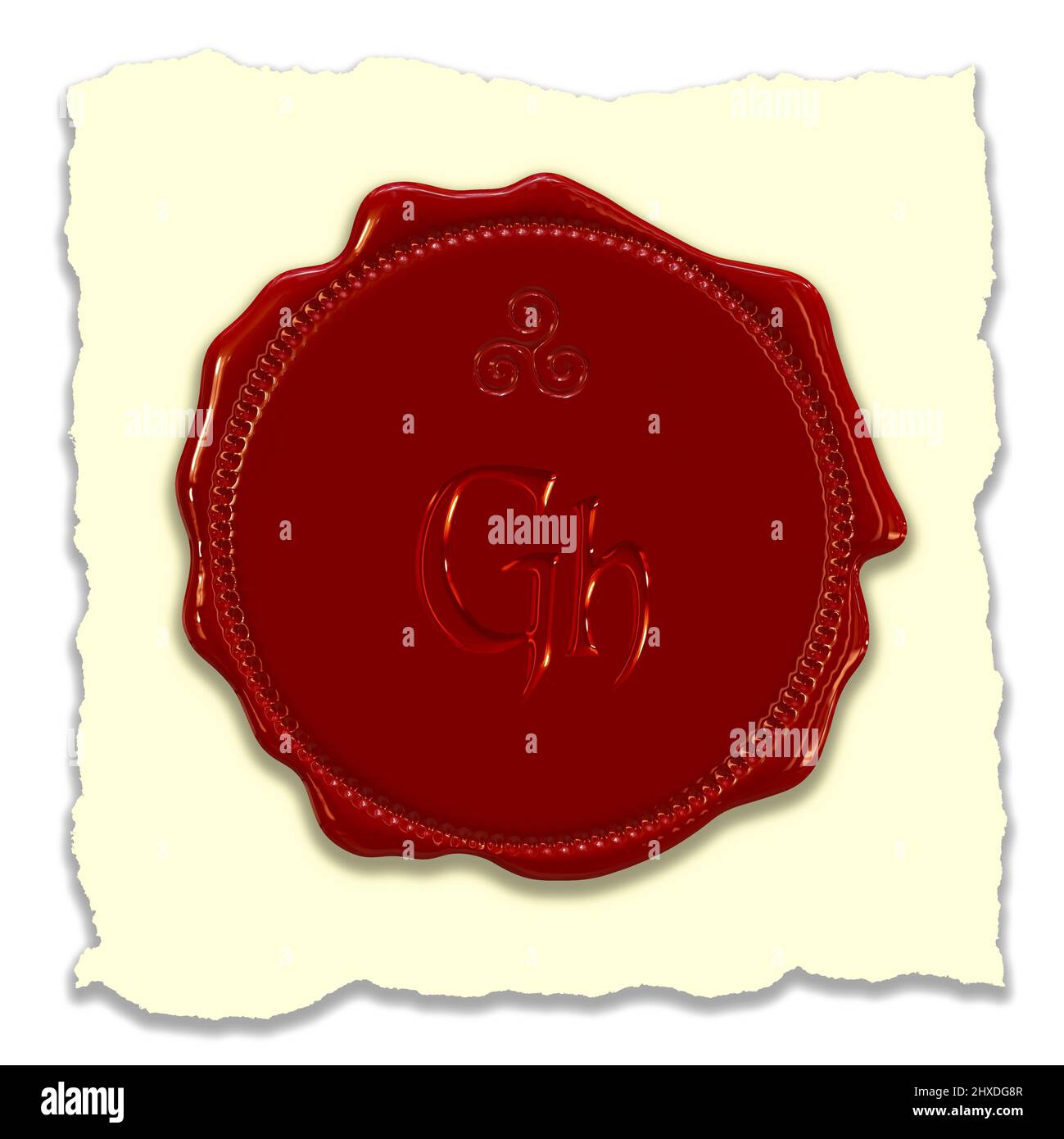 Sigillo in cera rossa con le due lettere maiuscole GH , celtico Foto Stock