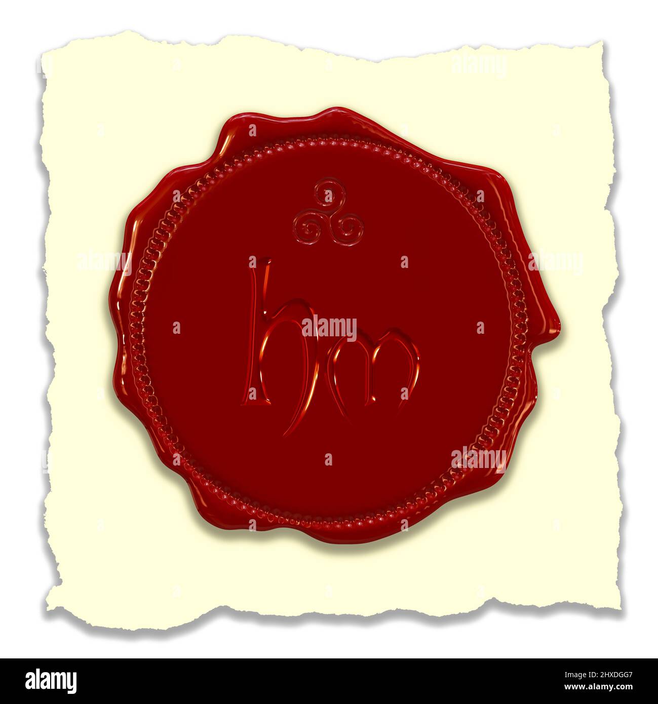 Sigillo in cera rossa con le due lettere maiuscole HM , celtico Foto Stock