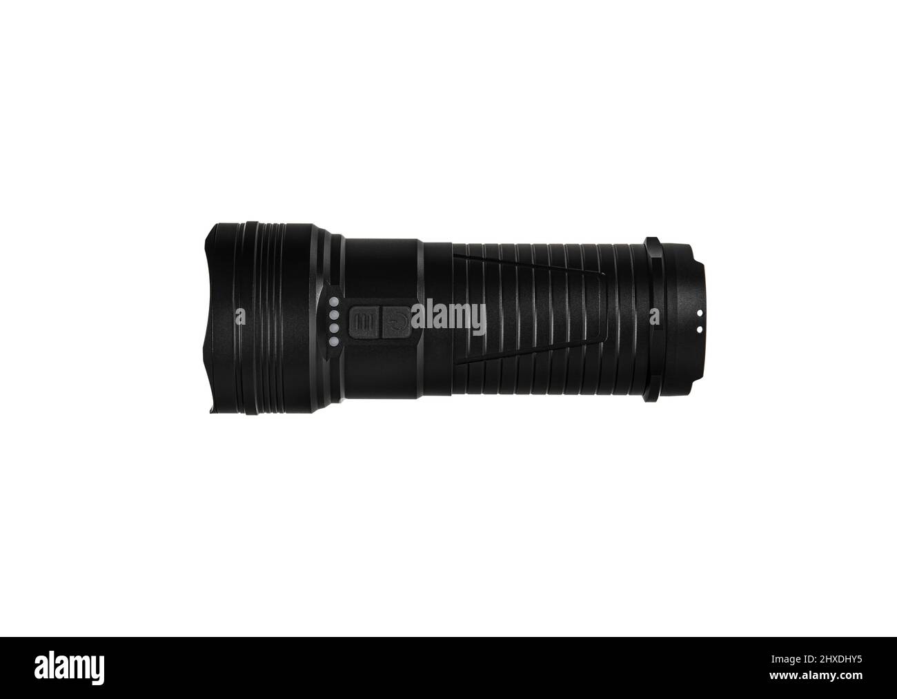 La torcia LED in metallo nero si isola su sfondo bianco. Lampada tascabile per ore buie del giorno o ambienti bui. Foto Stock