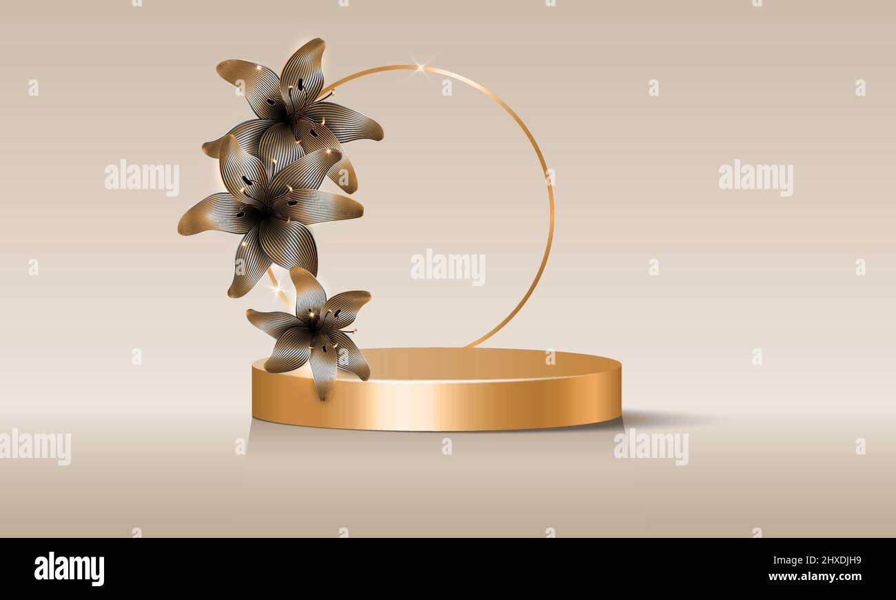 3d palco vuoto con arco rotondo decorato con fiori d'oro, isolato su sfondo beige. Vetrina con podio bianco e disposizione floreale Illustrazione Vettoriale