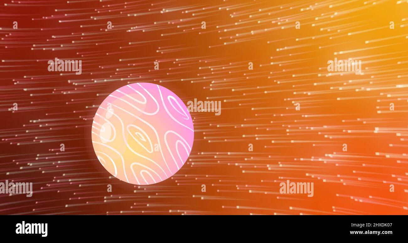 Immagine di un globo rosa-giallo brillante che gira su punti luminosi su sfondo arancione e rosso Foto Stock