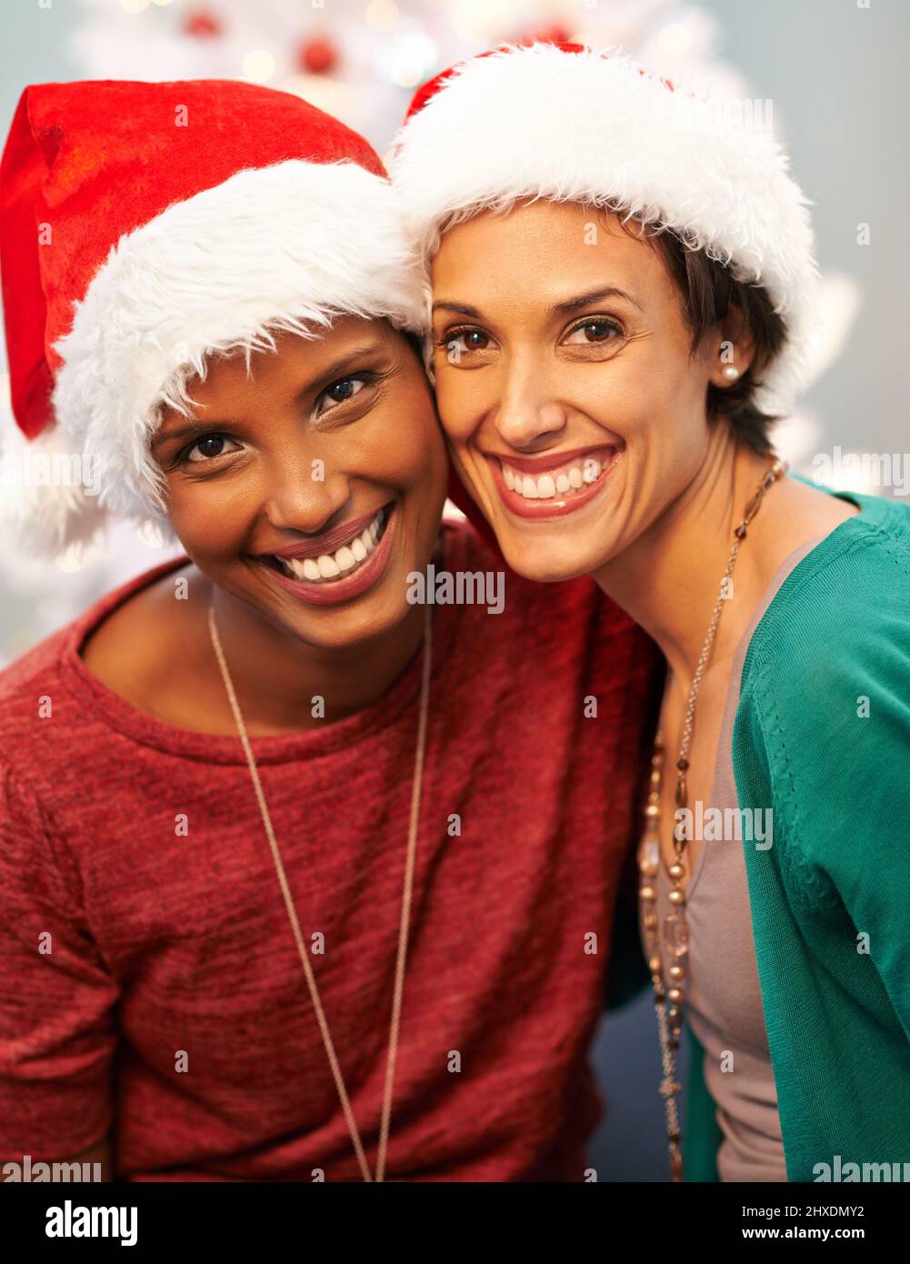 Santas piccoli aiutanti. Un ritratto di due migliori amici felici che indossano cappelli di santa a Christmastime. Foto Stock