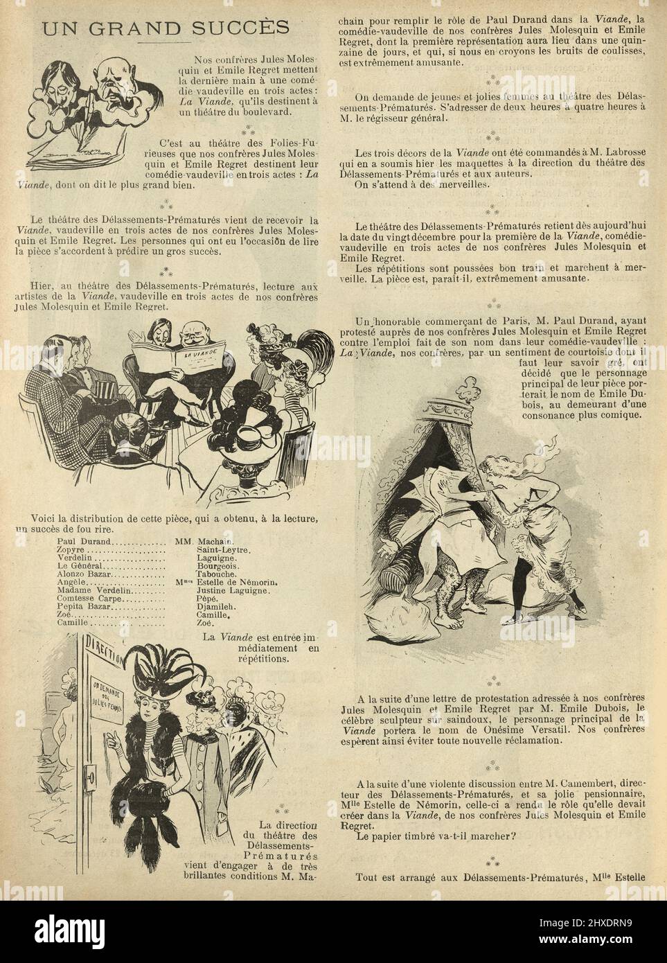 Illustrazione di un fumetto vintage. Francese, 1899, 19th secolo. Scrittore e produttore che mette su un gioco, casting divano attrici Foto Stock