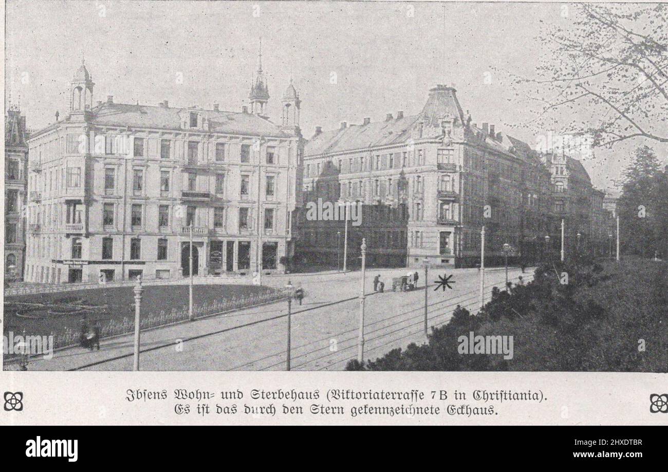 Ibsens Wohn und Sterbehus (Viktoriaterrasse 7 B a Christiania). Es ist das burch den Stern gesennzeichnete Eckhaus / Casa di Ibsen e casa della morte (Victoria Terrace 7 B a Christiania). È la casa d'angolo contrassegnata dalla stella. Foto Stock