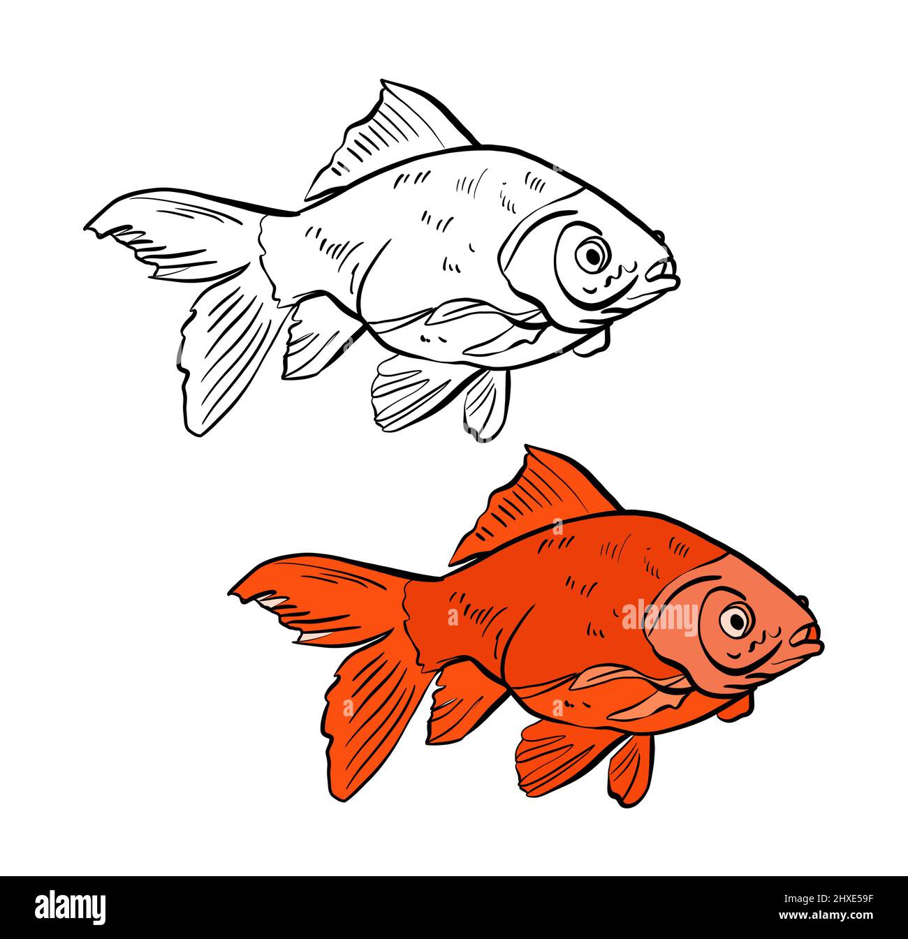 Illustrazione di un libro da colorare a colori e in bianco e nero. Disegno di un pesce su uno sfondo bianco isolato. Illustrazione di alta qualità Foto Stock