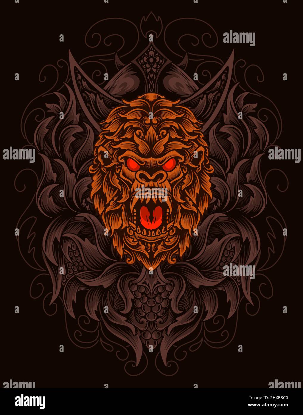 illustrazione testa di gorilla vintage incisione ornamento stile Illustrazione Vettoriale